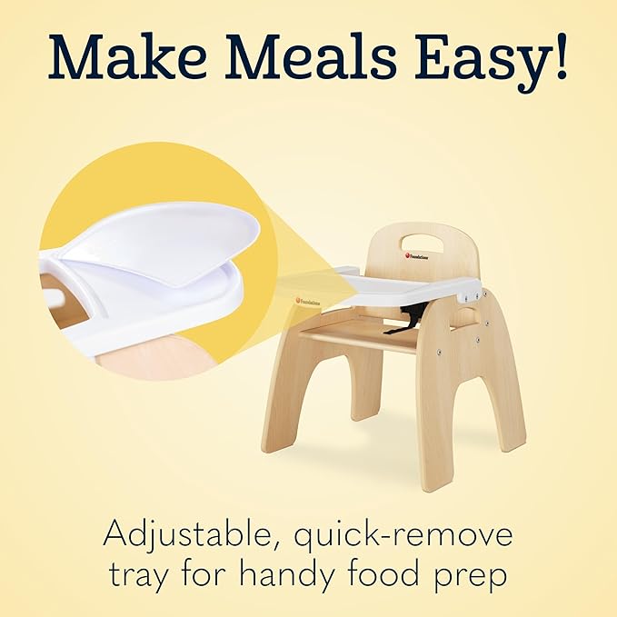 Foundations Easy Serve 5" Wood Feeding Chair for Toddlers, Adjustable Harness, Removable Dishwasher Safe Tray, “No Tip” Base, Baltic Birch Plywood