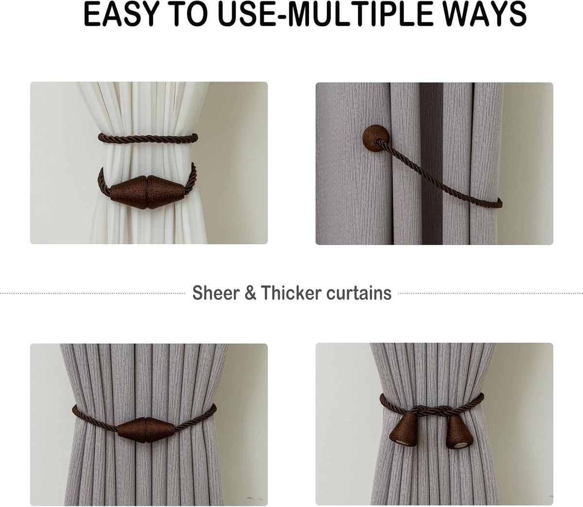 Magnetic Curtain Tiebacks 2 Pack Outdoor Rope Curtain Tie Backs Decorative Window Treatment Holdbacks for Home Decorative Curtain, Coffee