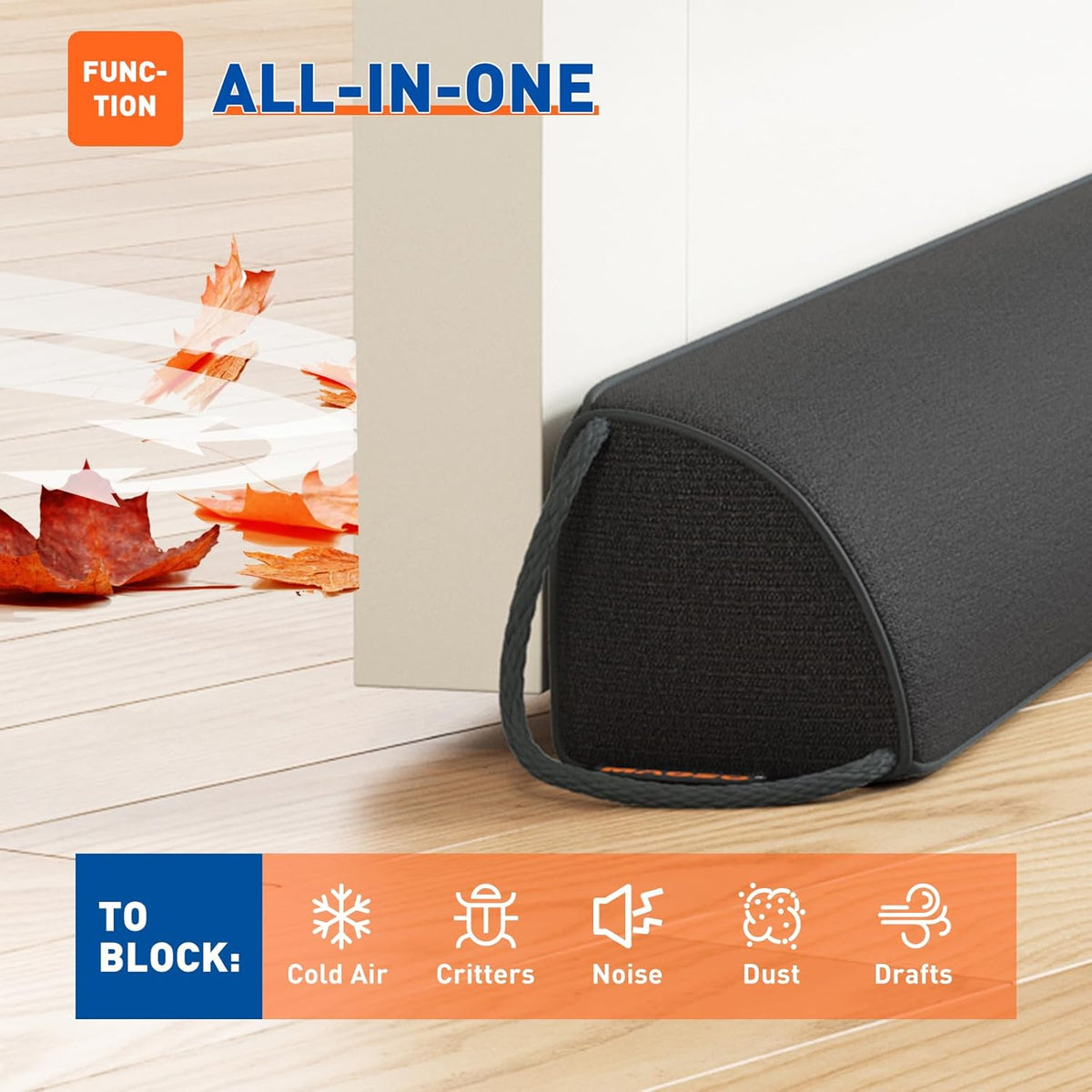 MAGZO Door Draft Stopper 36 Inches, Weighted Triangular Door Snake for Winter Noise Blocker with Hook Loops,Black