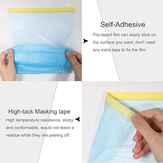 uxcell Pre-Taped Masking Film, 3ft x 82ft Plastic Paint Drop Cloth with Medium-Tack Painters Tape for Painting Spraying Protection Blue Film 6Pcs