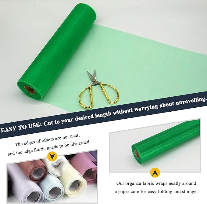 Green Organza Tulle Fabric Rolls, Crystal Organza 12" by 50 Yards (150 ft) Sheer Nylon Silky Shiny Netting Spool Bolt for DIY Craft Table Runner Wedding Baby Shower Party Decor (Emerald Green)
