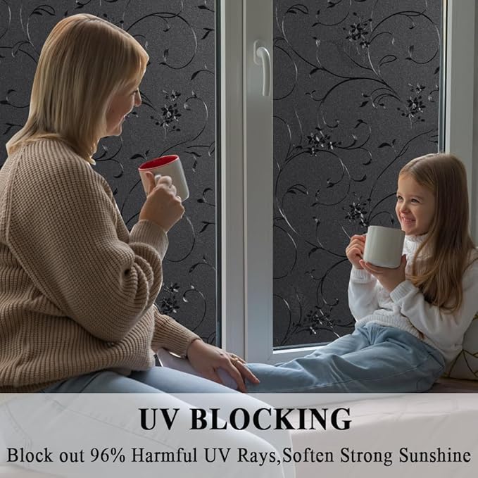 Mikomer Total Blackout Window Film,100% Light Blocking Privacy Glass Door Film Etched Flowers,Room Darkening Window Cling,No Glue/Heat Control/Anti UV for Day Sleep & High Privacy,35In. by 118In.