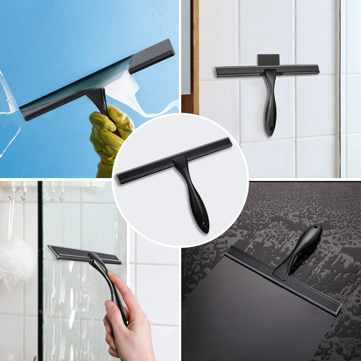 HIWARE All-Purpose Shower Squeegee for Shower Doors, Bathroom, Window and Car Glass - Black, Stainless Steel, 14 Inches