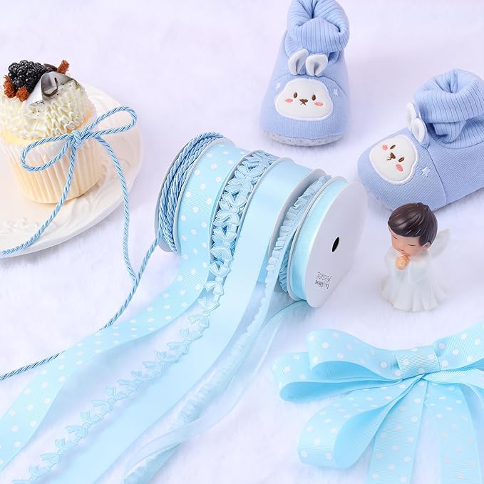 LaRibbons Light Blue Ribbons for Crafts 6 Rolls 28.5 Yards TTL Thin Ribbon for Baby Shower Sewing Gift Wrapping Home Decor