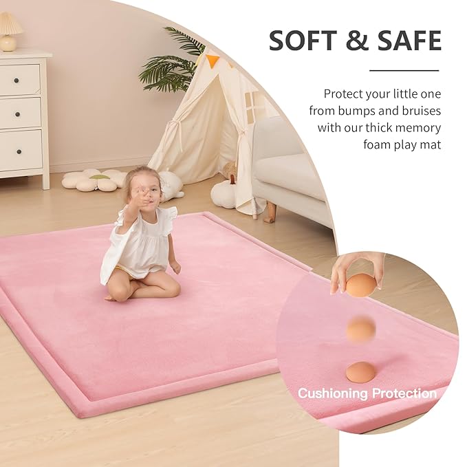 Baby Play Mat for Floor,1.3" Thick Memory foam Tummy Time Mat for Toddlers,Infants,kids,Water-Repellent Soft Nursery Rug ,79"×79" Extra Large Non Slip for Crawling&Yoga,Tatami Style for Living Room(Pink)