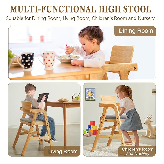 Solid Wood High Chair for Toddlers to Teens, Adjustable Height Toddler Dining Chair, Easy to Clean Toddler Highchair with Removable PU Cushion for Dining, Studying, Step Tool, Natural
