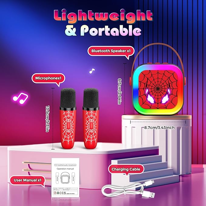 LED Karaoke Machine Toy: Mini Microphone for Kids 4 5 6 7 8 9 10 Year Old Boys Girls Toys Birthday Gifts Portable Bluetooth Speaker with 2 Wireless Mics for Adults Boy Girl Ages 3-12