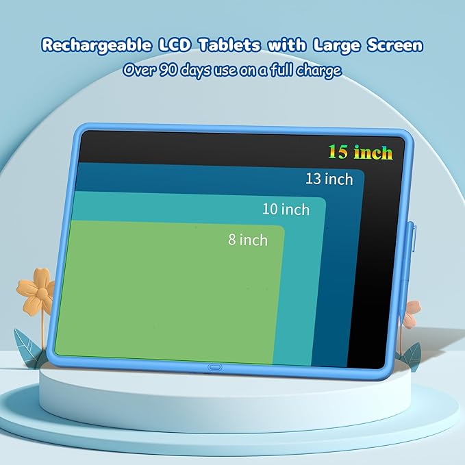 LCD Writing Tablet - 15 Inch Large Doodle Board, Rechargeable Drawing Pad for Kids & Teens, Learning Toys for 3-10+ Year Old Boys & Girls, Birthday & Christmas Gifts, Blue Travel Toys