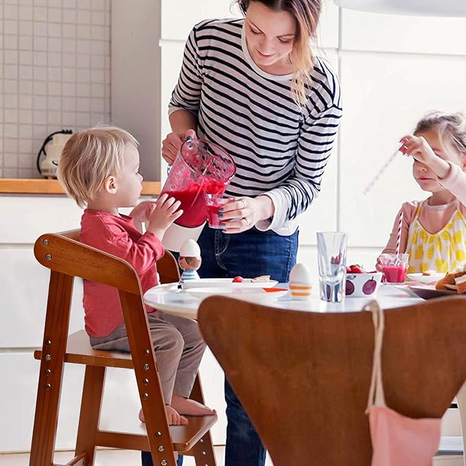 Yoleo Wooden High Chair for Toddlers to Teens, Adjustable Dining Feeding Chair with Steps Grows with Child, Max 60kg (Nut-Brown)