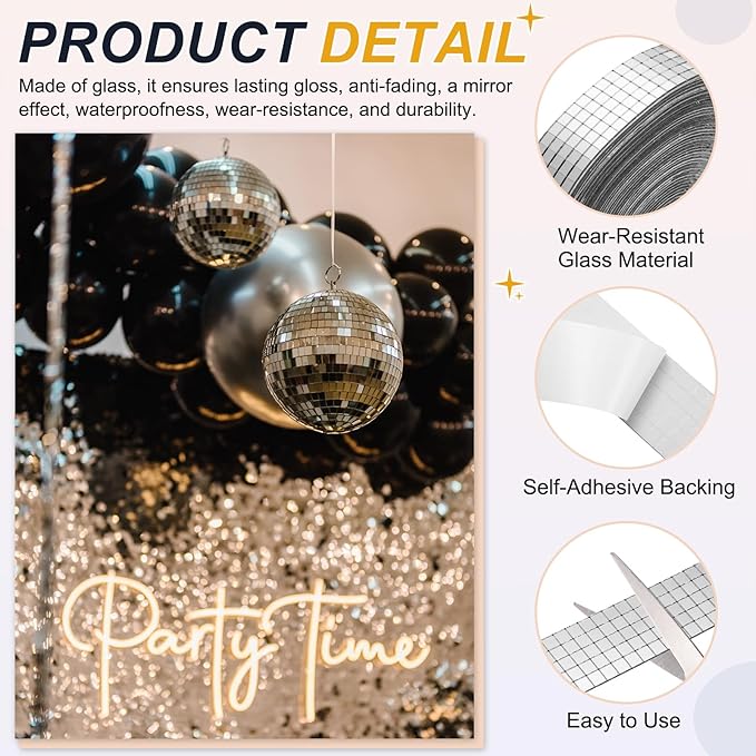 PATIKIL 5x5mm Self Adhesive Mirrors Mosaic Tiles, 10000 Pcs Square Mini Glass Mosaic Disco Tile Sticker for DIY Craft Disco Ball Party Decoration, Silver Tone