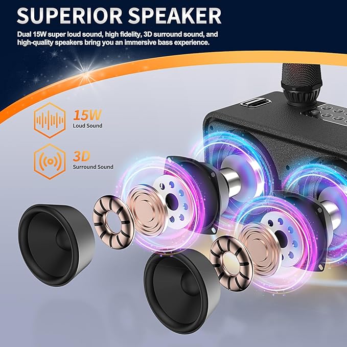Karaoke Microphone Machines Kids Adults, Karaoke Machine Bluetooth Sound Effects, Bluetooth Wireless Speakers Kareokee Machine Light TF Card/USB Portable Home Party Outdoor/Indoor, Black