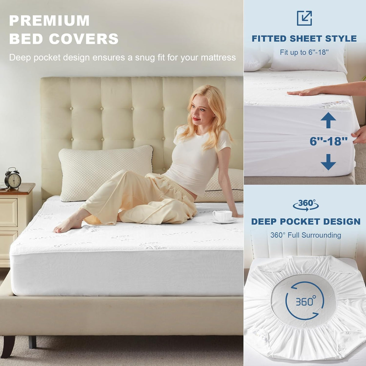 Waterproof King Size Mattress Protector, Mattress Pad Fitted 6"-18" Deep Pocket, 3D Air Fabric Bed Mattress Cover Noiseless Washable for Bedroom, Hotel