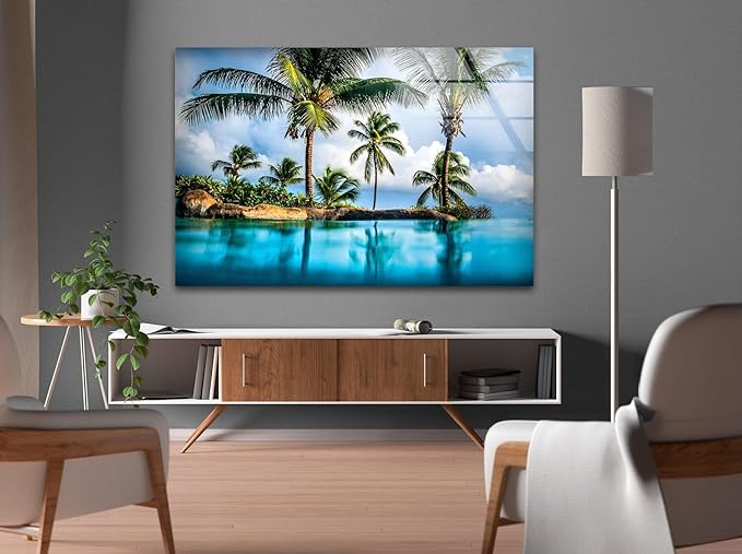 My Photostation.com 30Wx24H'' Island & Blue Sea Glass Wall ArtTempered Glass Printing Wall Decor Large Wall Art Wall Hangings