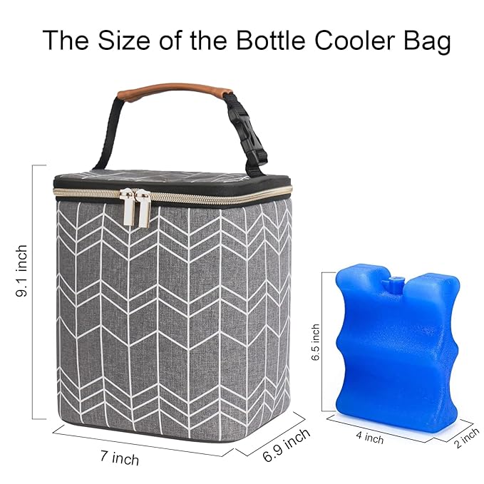 Breast Milk Cooler Bag with Ice Pack Fits 4 Baby Bottles Up to 9 Ounce, Baby Bottle Bag Great for Nursing Mom Daycare, Grey
