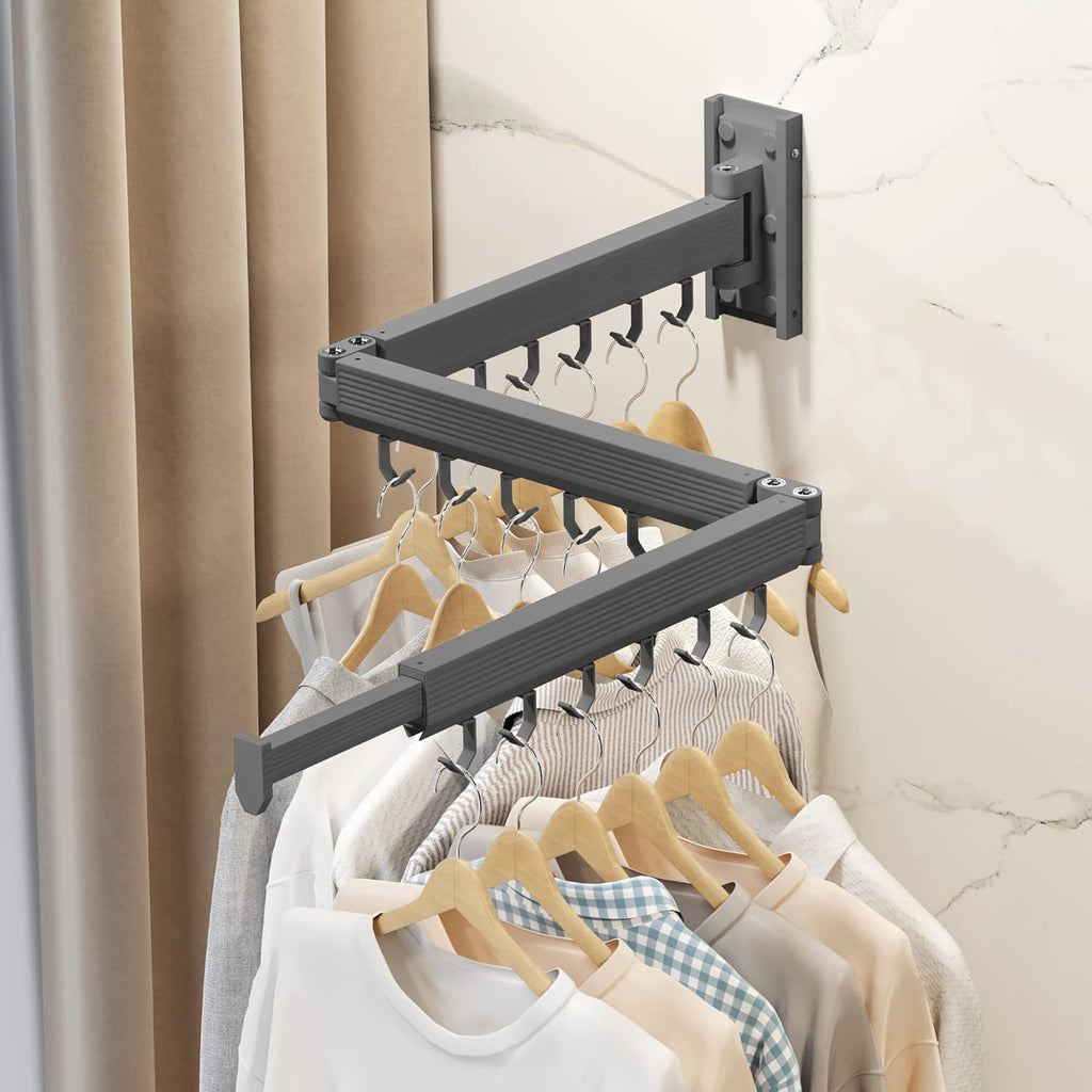 Wall Mounted Clothes Drying Rack,Laundry Drying Rack Wall Mount,Clothes Hanger,Drying Rack Clothing,Retractable Laundry Rack for Hanging Clothes,Collapsible,Foldable,Grey-Hooks