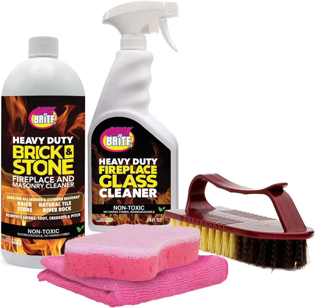 Quick N Brite Fireplace Cleaning Kit – Includes 24 oz Fireplace Glass Cleaner, 32 oz Gel Fireplace Cleaner, Scrub Brush, Sponge and Microfiber Towel