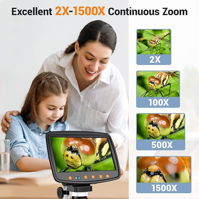 Digital Microscope with 7" LCD Screen,1500X Magnification Soldering Microscope with HDMI,Coin Microscope with 12MP Image Sensor,Windows/Mac/TV Compatible（32GB Card）