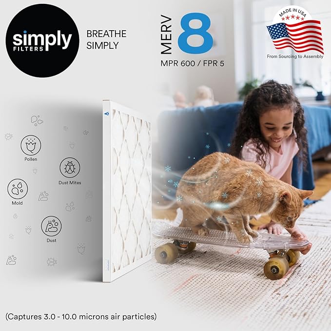 Simply 12x18x1 Air Filter, Merv 8, 6 Pack, For Home AC Furnace & HVAC (Actual Size: 11.75"x17.75"x0.75") DUST, Pet, & Allergy Control