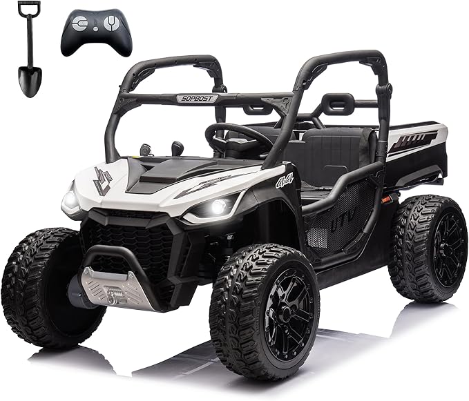 sopbost 24V 10Ah 2 Seater Ride On Car with Remote Control Battery Powered Ride On Toy Electric Kids UTV with Large Dump Bed, 4x75W Motors, White & Black