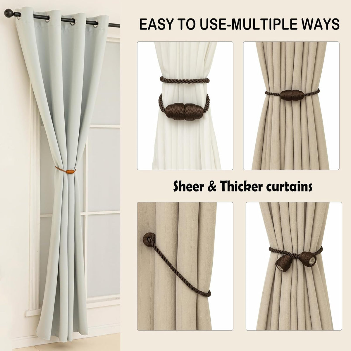 Magnetic Curtain Tiebacks Rope Curtain Tie Backs for Curtains 6 Pack Curtain Holders for Drapes Decorative Window Curtain Holdbacks, Coffee