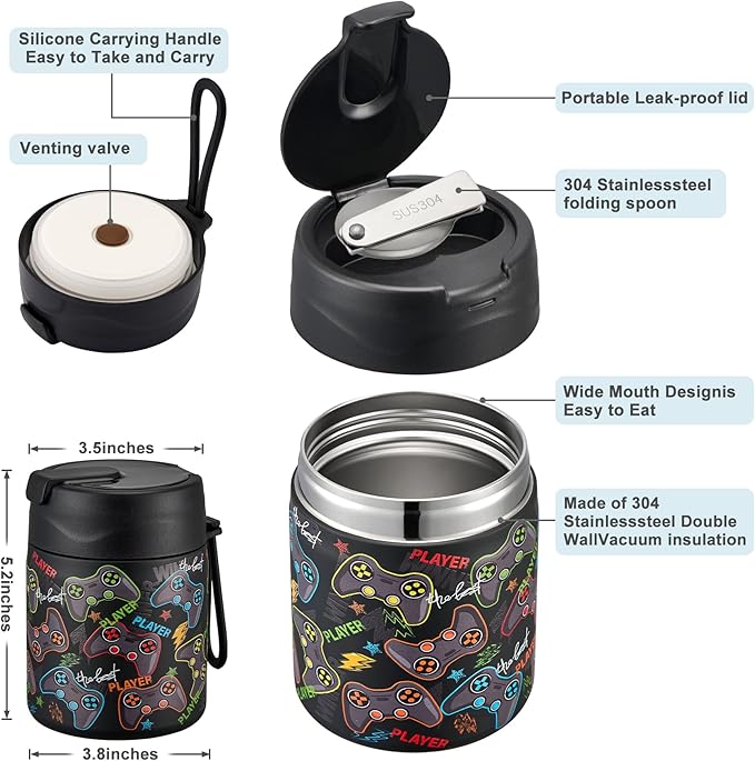 17oz Soup Thermo for Hot Food Kids,Insulated Food Jar with Spoon,Thermo Hot Food Lunch Container,Wide Mouth Leakproof Stainless Steel Lunch Box for School-Black Game
