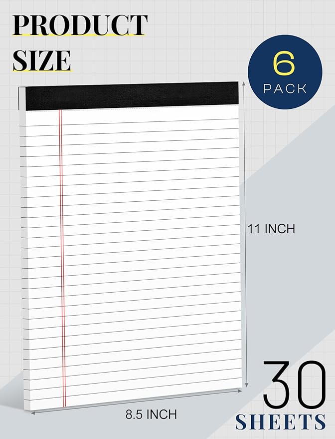 6 Pack 8.5 x 11 Legal Pads for Office Supplies Paper Pads 8.5 x 11 White Note Pads for Work Lined Writing Pads Notebook White Legal Pads Wide Ruled Notepads 30 Sheets Per Writing Pad Legal Note Pad