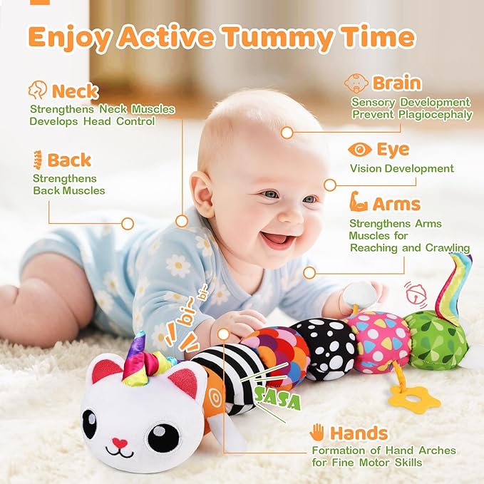 Baby Toys 0-6 6-12 Months, Sensory Musical Animal Stuffed Toy for Infant 0-3 3-6 Months, Tummy Time Toys with Mirror Crinkle Rattle, Plush Unicorn Cat Toy Gifts for 0 1 2 3 4 5 6+ Months Boys Girls