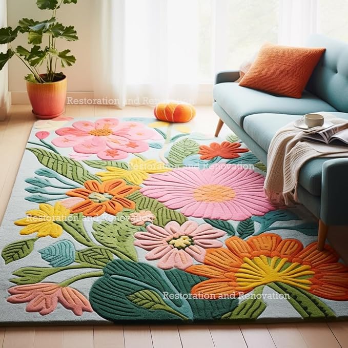Handmade Wool Floral Area Rug for Living Room | Elegant Flower Garden Design, Soft, Thick and Durable | Bedroom, Dining Room & Home Decor Carpet (8' x 10', Floral F)