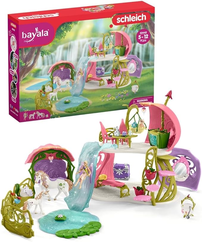 Schleich Bayala - 71 PC Glittering Flower House Playset with Fairy Figure, 2 Cute Unicorn Toys and Fairy Dollhouse Accessories for Girls and Boys - Fantasy Figurine Animal Set for Kids Ages 5+ | 42447