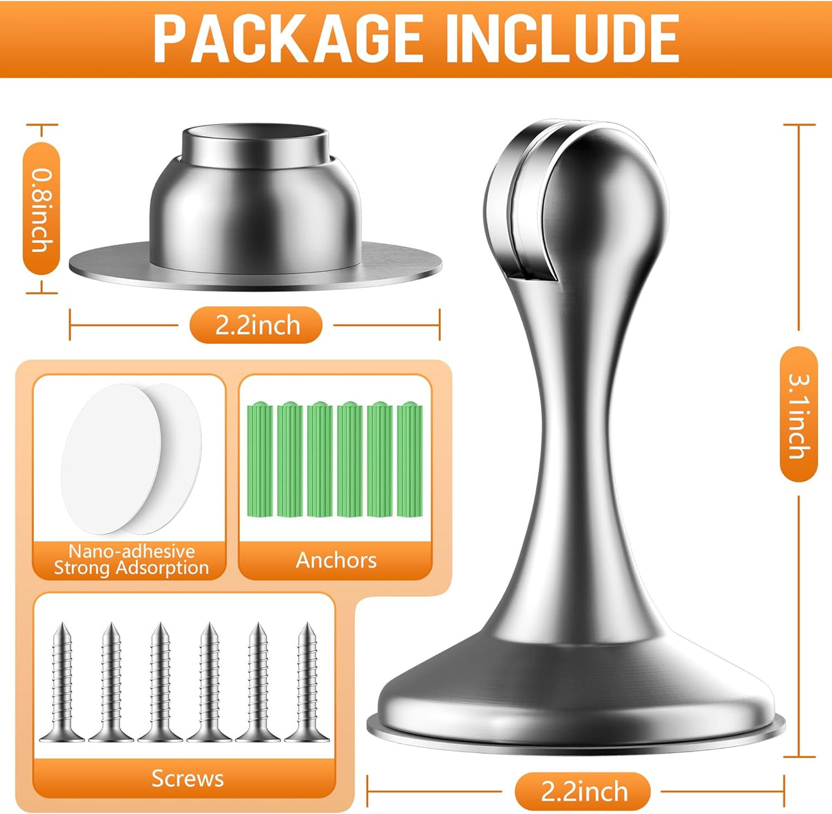 Crosize Magnetic Door Stoppers 4 Pack, Stainless Steel Door Catch for Wall and Floor Mounting, Door Holder Keep Door Open, No Drilling Door Stop with Adhesive Tapes, Silver