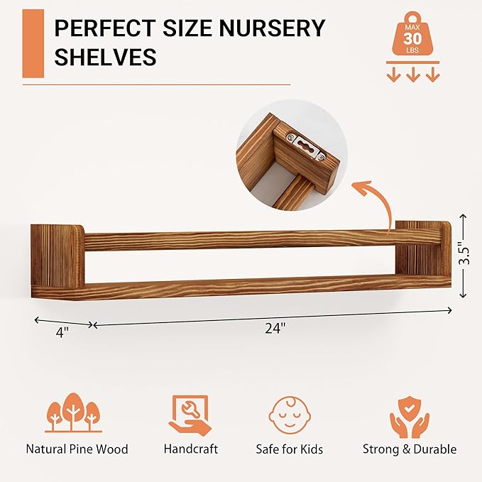 Heimlove 24 Inch Nursery Floating Shelves, Nursery Book Shelves for Wall, Wall Bookshelf for Kids Solid Wood Wall Mounted Shelves for Books,Toys and Decor Storage, Set of 2