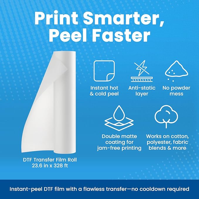 DTF Transfer Film Roll 23.6in x 328ft – Instant Hot & Cold Peel – Double Matte Anti-Static Coating – Premium Heat Transfer Film for Vibrant Colors & Durable Prints – Works with All DTF Printers