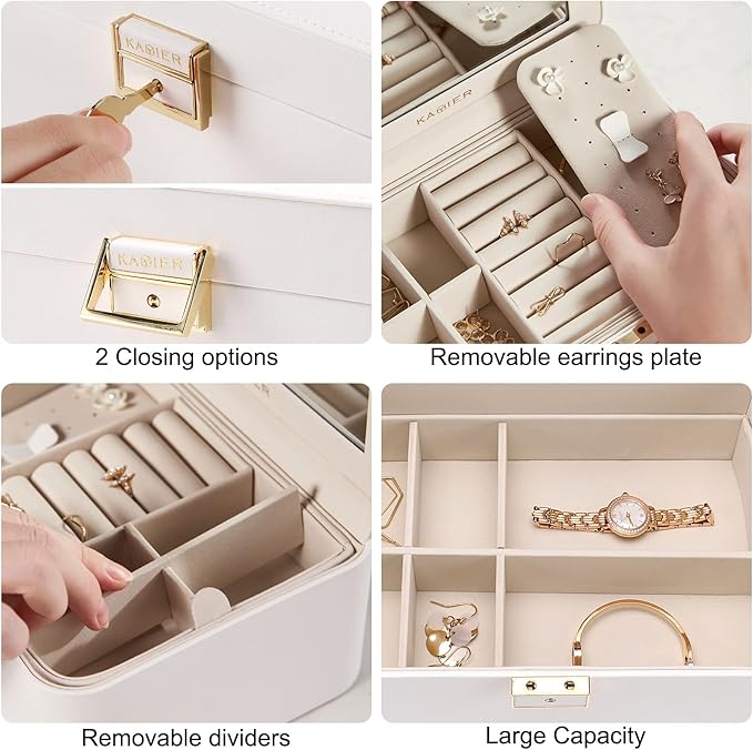 KAMIER Travel Jewelry Box, 2 Layers PU Leather Portable Jewelry Organizer, Large Capacity, Double Lock and Large Mirror, Hidden Necklace Hooks, Removable Dividers, Gift Box Packaging, White