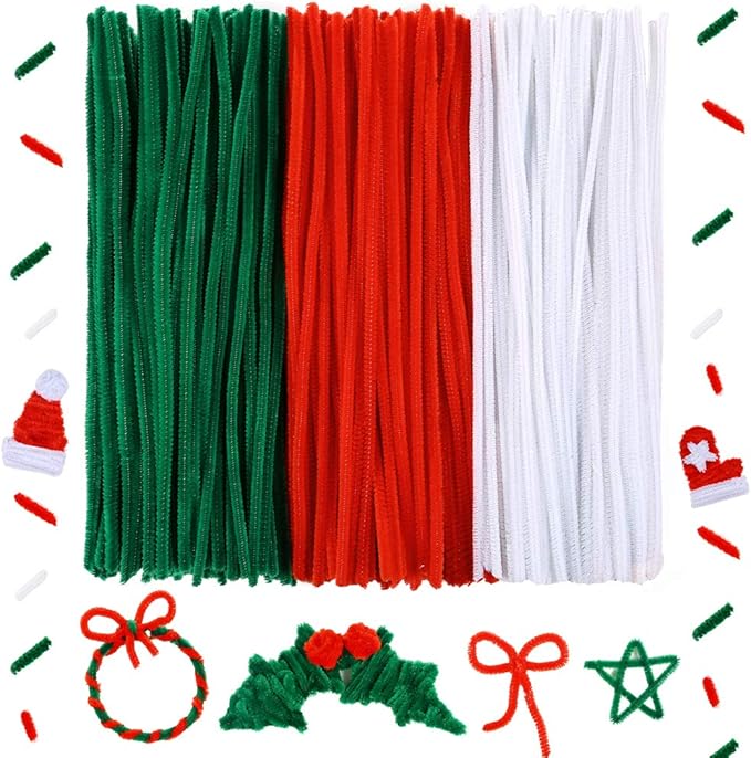 Caydo 300 Pieces 12 inch Christmas Pipe Cleaners for Christmas DIY, Creative Crafts Decorations (Red, Green, White)
