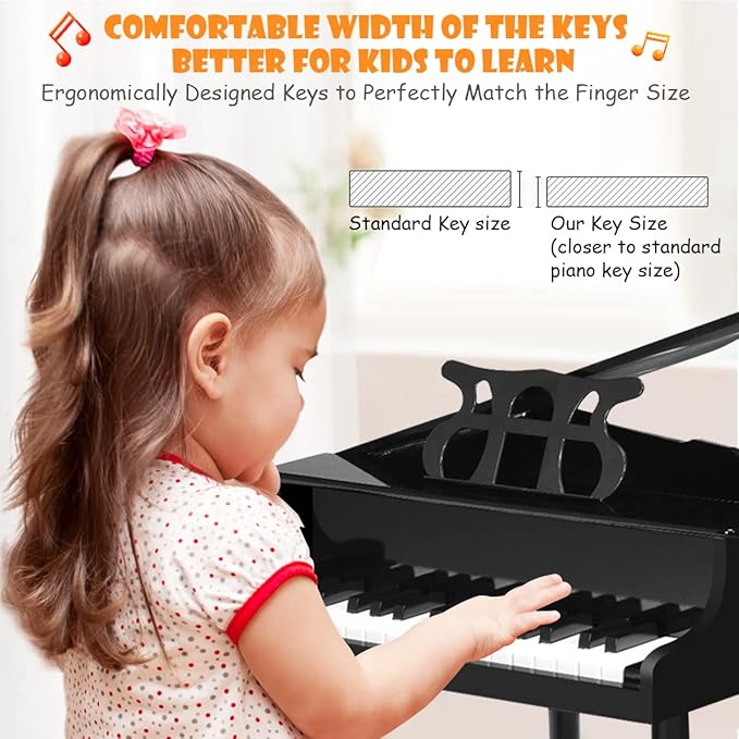 HONEY JOY Classical Kids Piano, 30-Key Mini Grand Piano with Music Stand and Bench, Wooden Musical Instrument Toy w/Lid & Music Rack, Gift for Boys Girls Ages 3+ (4 Straight Leg-Black)