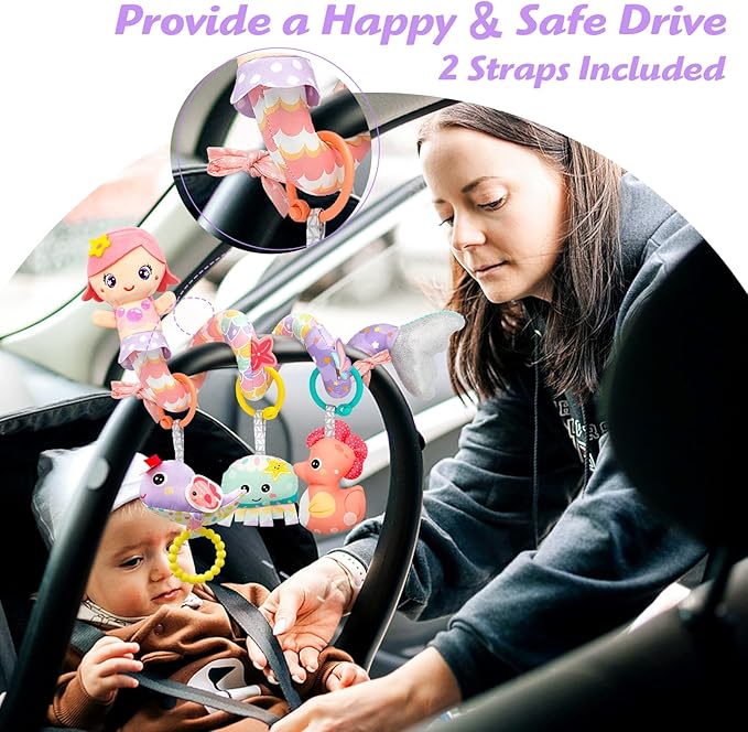 Car Seat Toys for Babies 0-6 Months Boy Girl Carseat Toys Hanging Spiral Stroller Toy, Infant Toy 0-6 Months Baby Newborn 0 3 Month Brain Development with Music Teether Rattle