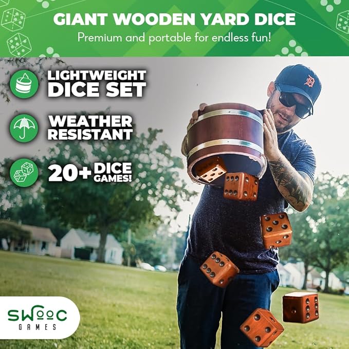 SWOOC Games - Yardzee, Farkle & 20+ Giant Dice Games (All Weather) with Wood Bucket, 5 Scorecards & Marker - Yard Dice Outdoor Game - Large Dice Jumbo - Giant Yard Games - Outside Games - Lawn Games