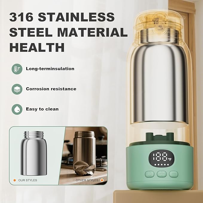 Portable Bottle Warmer for Travel - Portable Milk Warmer for Baby - Fast Heating Fast Heating Breast Milk & Formula Warmer 17oz Capacity, Adjustable Temp Long Battery Life for Outdoor Airplane and Car