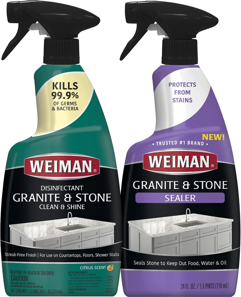 Weiman Disinfecting Granite & Stone Daily Cleaner and Sealer Kit - For Granite, Marble, Quartz, Quartzite, Slate - 24 oz Daily Kitchen Countertop Cleaner, 24 oz Granite & Stone Sealer