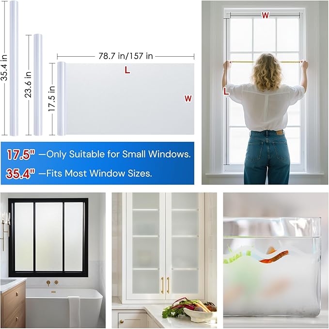 Homein Frosted Glass Window Privacy Film with Tools UV Blocking Privacy Film for Glass Windows, Static Cling No Glue Removable Reusable Anti Glare for Home Day and Night, Pure 35.4x157.4 inch