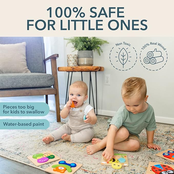 MAGIFIRE Wooden Puzzles 12-18 Months - Multicolor 6-Pack Animal & Vehicle Shapes with Storage Bag - Chunky Wood Puzzles for Fine Motor & Hand‐Eye Coordination - Ideal Toddler Gifts Age 1-2