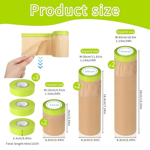6 Rolls Pre-Taped Paint Masking Paper and 3 Masking Tape, 50 Feet/ Roll Assorted Sizes Tape and Drape Painters Paper for Painting, Automotive Paint, Floor Protection, Wall Covering, Floor Protection