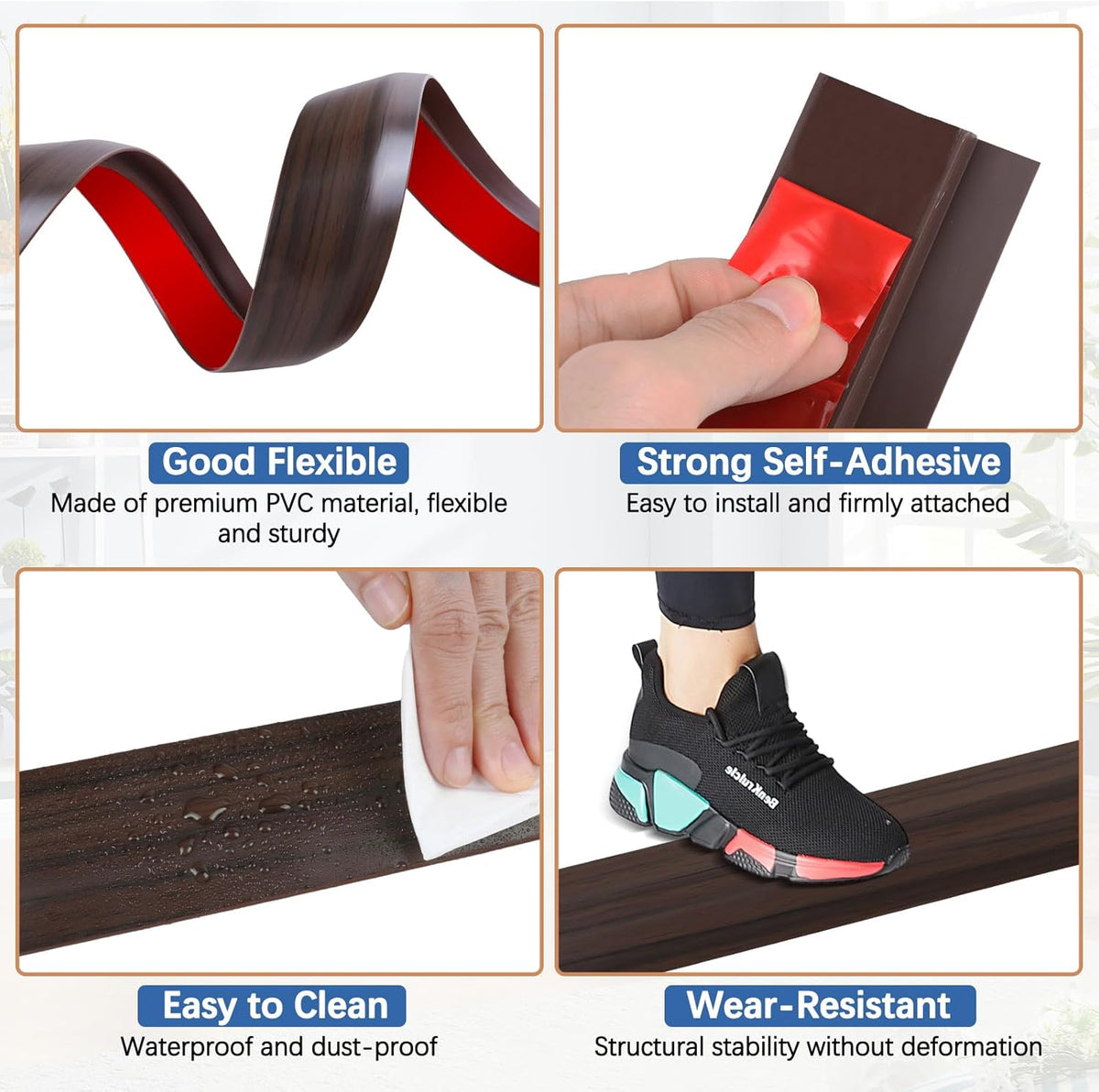 Vinyl Door Threshold Flooring Transition Strip Self Adhesive Carpet Edging Strip for Laminate Doorway Edge Threshold from 3/5" to 4/5" (Brown Wood Grain, 10 Ft)