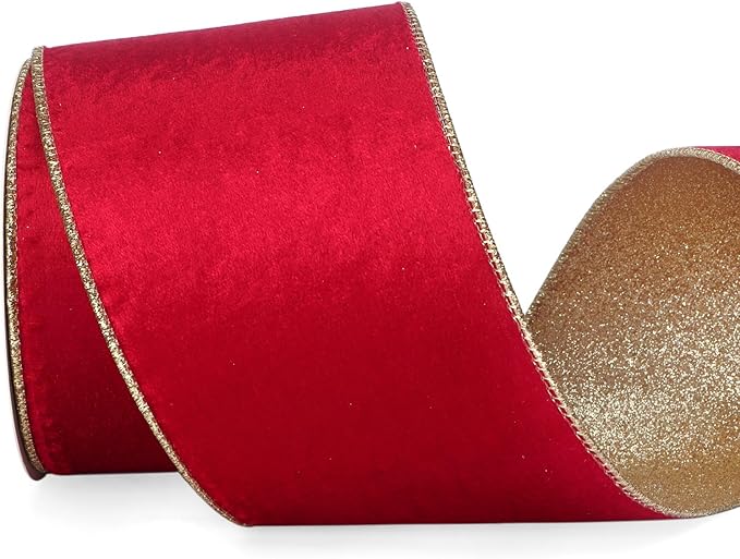 Ribbli Red Velvet Wired Ribbon 4 Inch Red Velvet with Gold Glitter Christmas Ribbon for Christmas Tree Decoration Big Bow Gift Wrapping Crafts Wreaths Supplies- 10 Yards