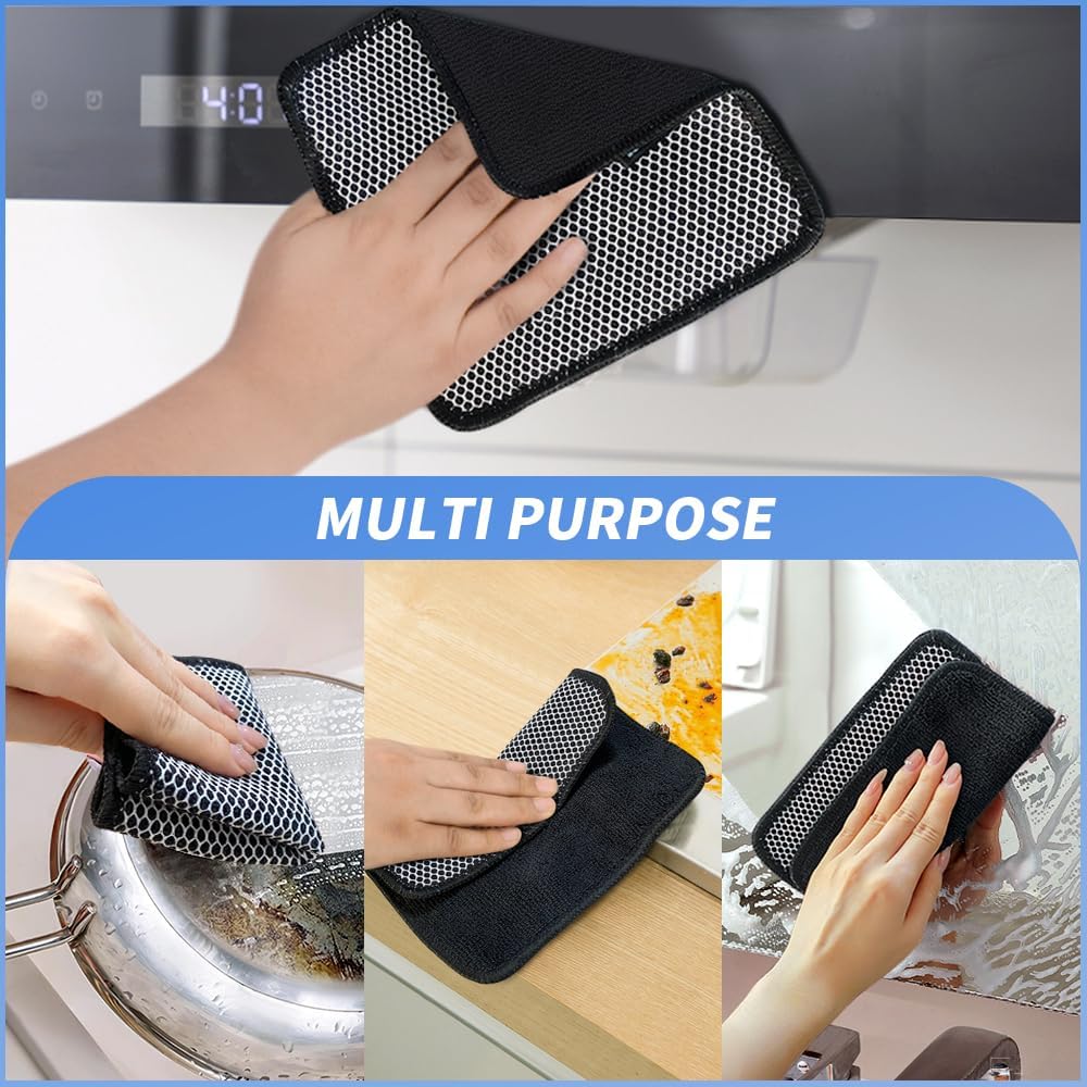 KinHwa Kitchen Washcloths for Dishes Absorbent Microfiber Dish Cloths Quick Dry Dish Rags with Poly Scour Scrub Side Ideal for Kitchen Cleaning (Black, 7inchx7inch 9 Pack)
