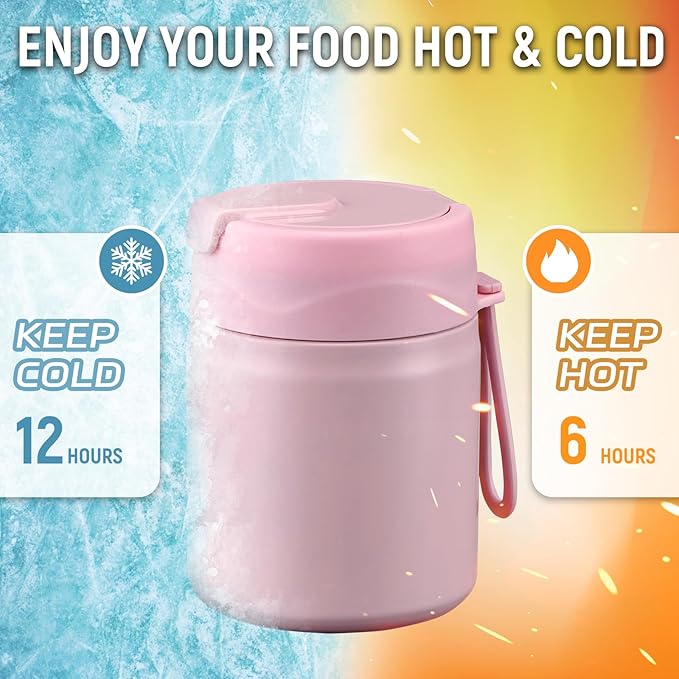 17oz Soup Thermo for Hot Food Kids Insulated Vacuum Food Jar with Stainless Steel Spoon Wide Mouth Thermo Leakproof Lunch Food Container Kids Hot Lunch Box (Pink)