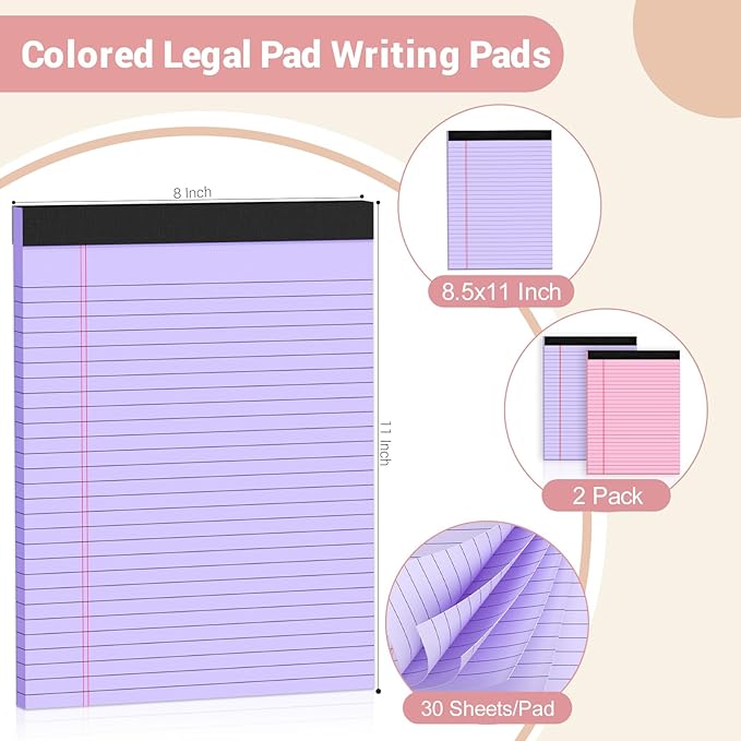 Legal Pads 8.5 x 11 Colored Note Pads, 2 Pack Notepads 8.5 x 11 Lined Paper, Colored Notebook Paper Writing Pads 30 Sheets per Colored Paper Pads 8.5 x 11 for Purple Legal Pads Home Office School