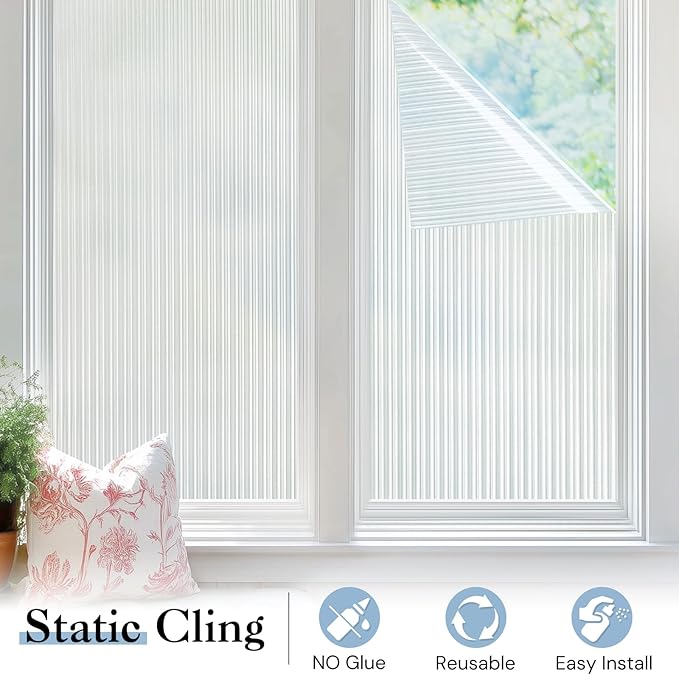 Haton Reeded Glass Window Privacy Film, Frosted Glass Window Film, Static Cling UV Blocking Stickers, Decorative Removable Cover for Bathroom Door Office, Non Adhesive 17.5" x 118.1"