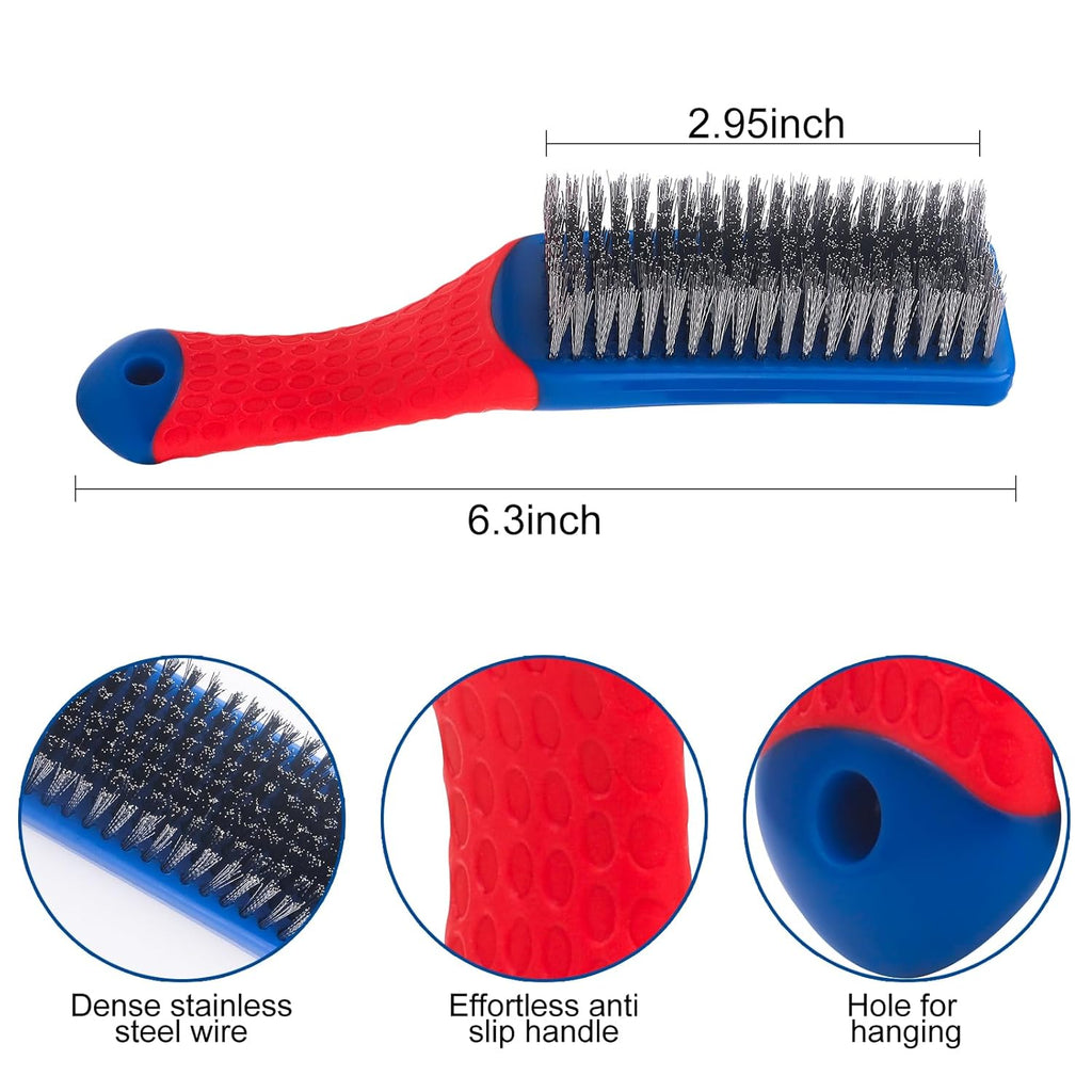 Wire Brushes 2 Pcs Steel Brushes Heavy Duty Carbon Steel and Stainless Steel Wire Scratch Brush with Rubber Ergonomic Handle (16x3.5cm)