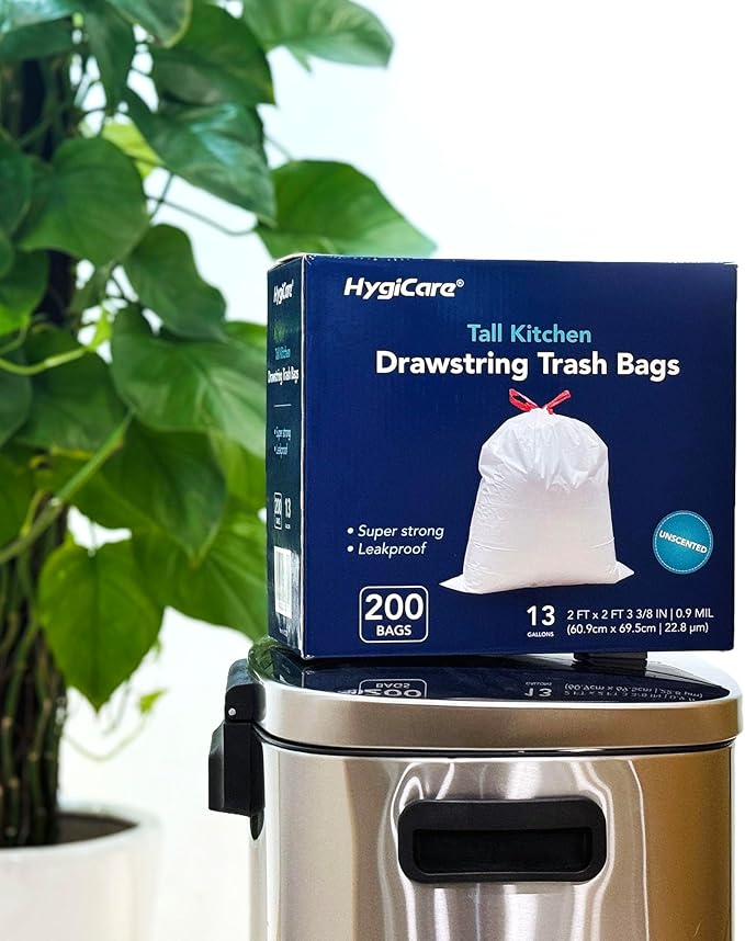 13 Gallon Tall Kichen Trash Bags, Unscented 200 Count Drawstring Garbage Bags, Pre-Separated, Ultra Strong, Leakproof, Sturdy, White
